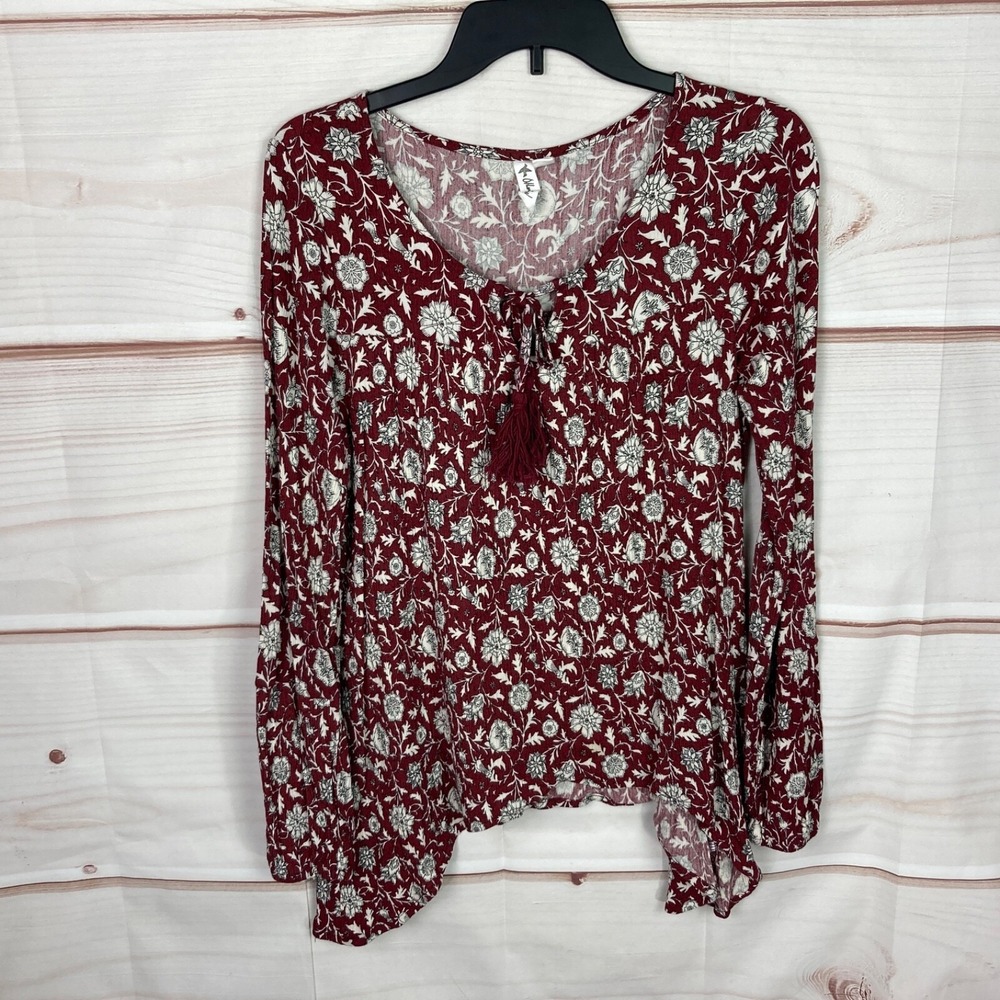 Others Follow Top Womens M Red Floral Blouse Tie Neck Long Sleeve Asymmetrical